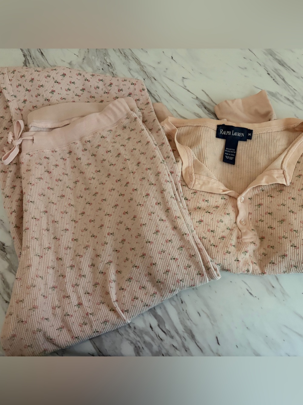 Vintage Ralph Lauren Pale Pink Floral Ribbed Two-Piece Pajama Set- M
